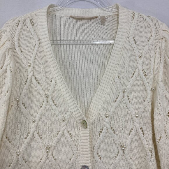 Soft Surroundings Large Preppy Embellished Meryl Cable Cardigan in Ivory Pearl - Picture 5 of 10